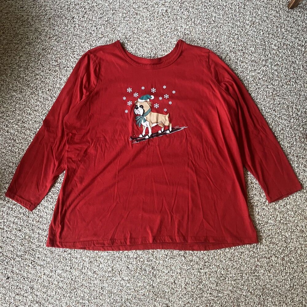 Woman Within Dog Winter Holiday Long Sleeve T-Shirt Plus Size 1X 22-24 Bulldog